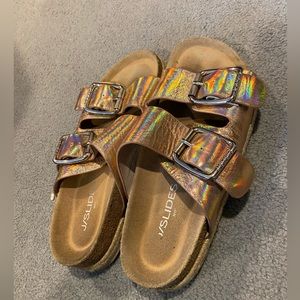 JSlides metallic rose slide sandals